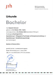 Bachelor Urkunde Psychologie Benjamin Schwend